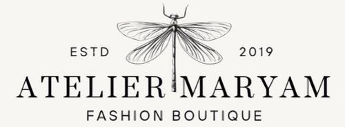 Logo of Atelier Maryam Fashion Boutique with a dragonfly illustration on a white background